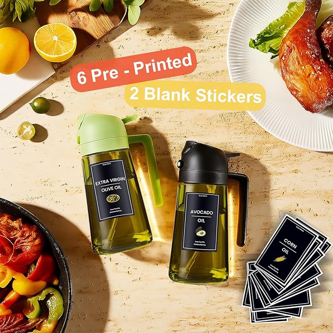 CXINYI - 16oz/470ml Olive Oil Dispenser for Kitchen with Stickers - 2 in 1 Olive Oil Sprayer for Cooking, Air Fryer, and Salad, White (Light-Proof Kitchen Gadget)