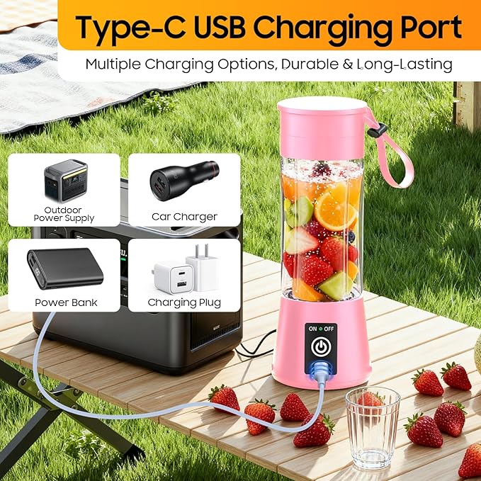 Portable Blender for Smoothies & Shakes - Cordless Personal Size Blender with 6 Blades, 380Ml Juice Cup, Lightweight & Rechargeable, Freshly Squeezed for Picnic/Sports/Office