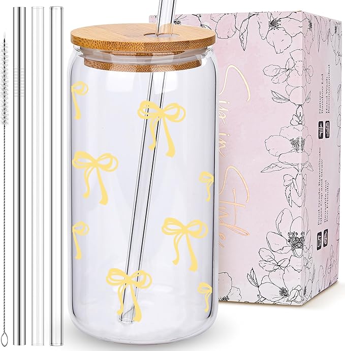 BIPEDS Coquette Cute Pastel Yellow Bow Glass Cups with Lids and Straws, Aesthetic Iced Coffee Cup Girly Preppy Tumbler Mug, Christmas Valentines Birthday Gifts for Women, Teen Girl Gifts Trendy Stuff