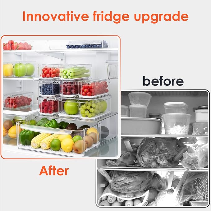 SMRCAD Fridge Organizers and Storage, 8 Pack Clear Freezer Organizer Bins with Lids for Kitchen, Pantry, Refrigerator, Food, Fruit, Vegetable Storage (8 Bins (Include Pull-out Drawer))