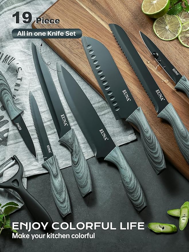 EUNA Knife Block Set, 19 PCS Kitchen Knife Set with Acrylic Block and Sharpener, German High-Carbon Stainless Steel Knife Sets with 6 Serrated Steak Knives, Bread Knife, Chef Knife, Dishwasher Safe