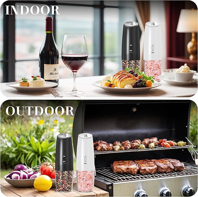 UNNEES Rechargeable Electric Salt and Pepper Grinder Set, Gravity Activated, Adjustable Coarseness, LED Light, USB Charging, Ceramic Core, 150ml Transparent Hopper, Black + White
