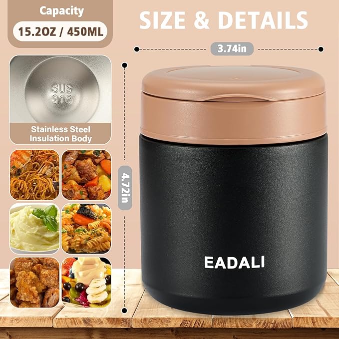 Eadali 15.2oz Kids Food Jar for Hot Food – Vacuum Insulated Lunch Container with 316 Stainless Steel Interior, Leakproof Wide Mouth & Foldable Spoon for School Meals