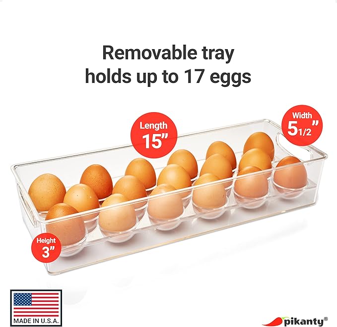Pikanty Egg Holder for Refrigerator with Removable Tray - Holds 17 Eggs, Clear Plastic Container with Pull Handles for Bulk Eggs, Farm Fresh, Backyard Chickens, Dishwasher Safe, Made in USA