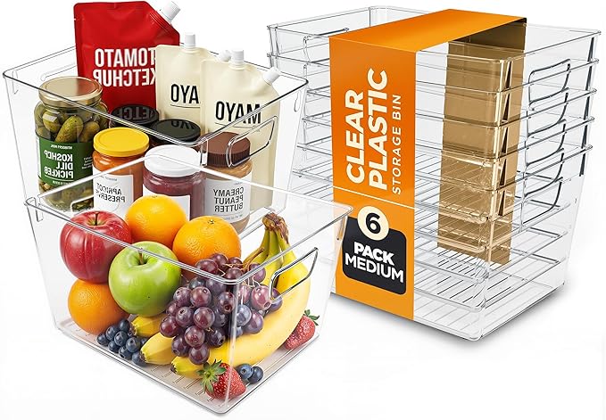 Utopia Kitchen Clear Organizer or Storage Bins - 6 Pack Pantry Organizers and Storage Bins - Large Durable Storage Containers With Handles for Organizing Fridge, Kitchen Organization