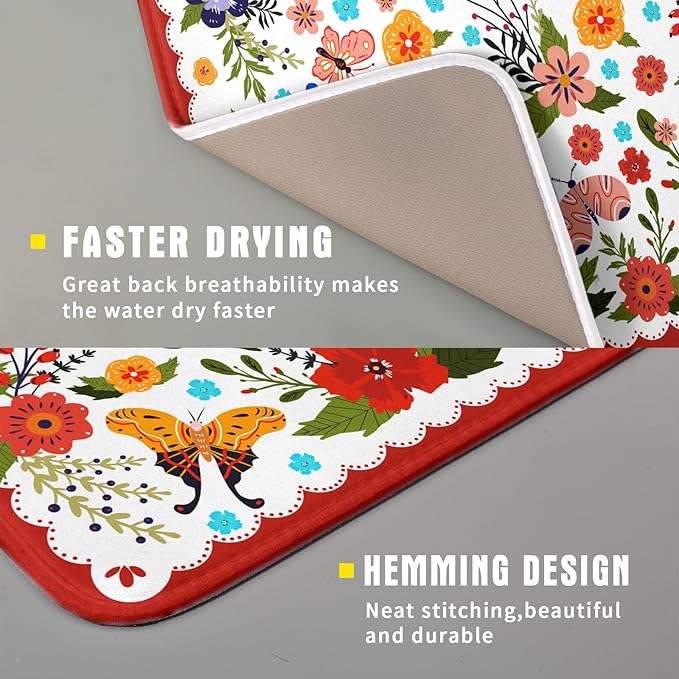 Flowers Printed Dish Drying Mat Floral Coffee Mat for Kitchen Counter Small