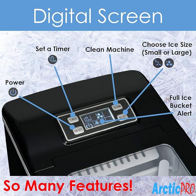 PORTABLE DIGITAL ICE MAKER MACHINE by Arctic-Pro with Ice Scoop, First Ice in 6-8 Minutes, 26 Pounds Daily, Great for Kitchens, Tailgating, Bars, Party, Small/Large Cubes, Black, 11.5x8.7x12.5 Inches