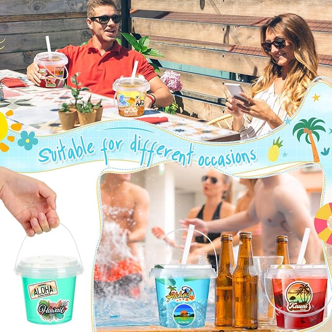 Funnymoom 30 Sets Clear Plastic Cups 24 oz Ice Cream Buckets with Lids & Straws Disposable Drink Cups Cocktail Pails Bulk with Handles and Stickers for Outdoor Beach Birthday Pool Party(Hawaii)