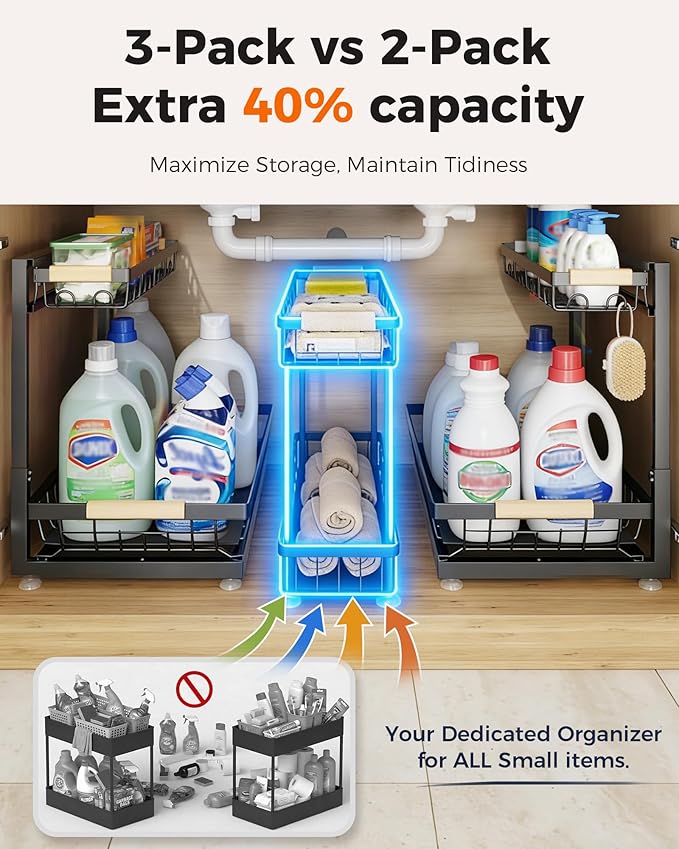 Sevenblue 3 Pack Under Sink Organizer, Height Adjustable 2 Tier Pull-Out Metal Under Kitchen Sink Organizer, Multi-Purpose Storage Shelves for Kitchen Bathroom Cabinet