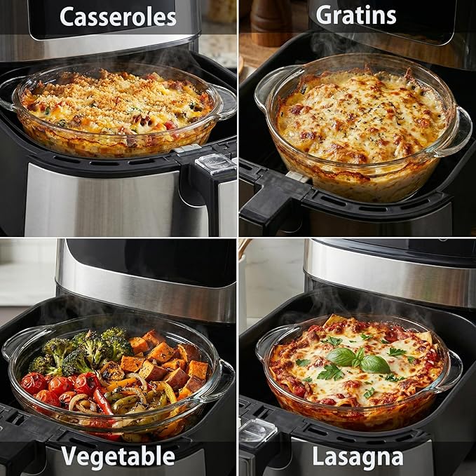 Glass Air Fryer Liners Set for 5-8 QT, Reusable Non-Toxic Glass Airfryer Basket Insert with Silicone Mitts & Trivet Mat, Oven & Dishwasher Safe Air Fryer Accessories