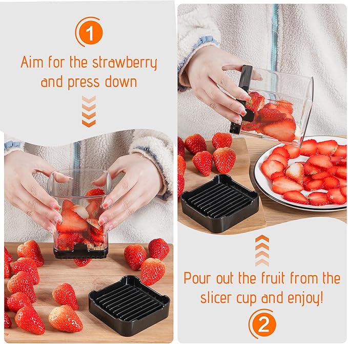 Fruit Slicer Cup for Strawberry, Banana, Hard-Boiled Egg - Detachable Cutter with Push Plate - Rapid & Safe Slicing Kitchen Gadget for Quick Meal Prep (Black)
