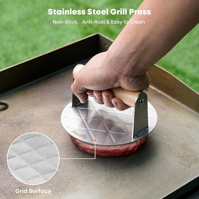Stanbroil Griddle Accessories with Smashed Burger Press, 10PCS Griddle Kit Set, Pancake Batter Dispenser, Stainless Steel Bacon Press & Scraper, Basting Brush, 4 Egg Rings & 2 Oil Bottle