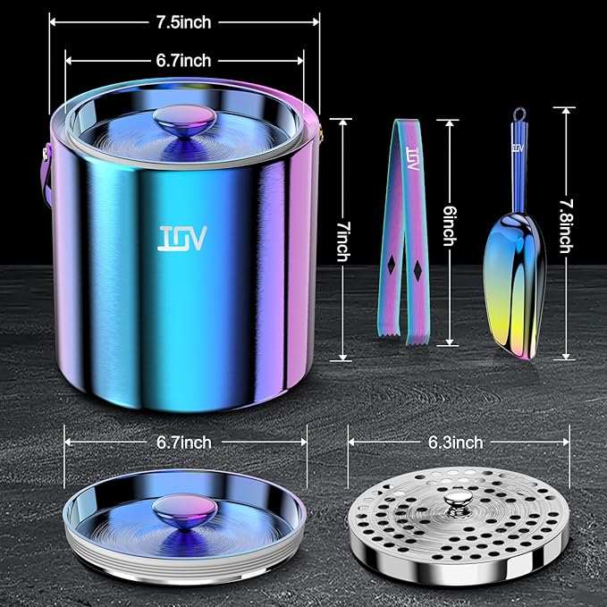 IOV Ice Bucket with Lid, Scoop, Tongs, and Strainer, 3 L Stainless Steel Double Wall Insulated Ice Bucket for Parties, Keeps Ice Frozen Longer, Ideal for Cocktail Bars, Freezers, and Wine - Rainbow