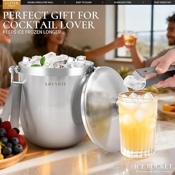 Ice Buckets for Parties with Lid,Tongs and Strainer (3L/Silver) Double Wall Stainless Steel Ice Bucket Keeps Frozen Longer,Ideal Perfect for Parties, Cocktail bar, Chilling Wine, Champagne