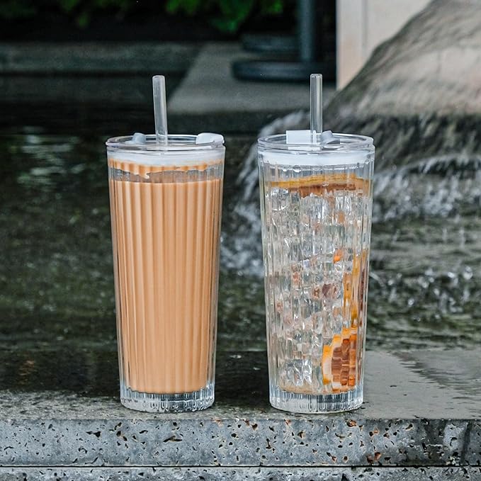 20oz Glass Tumblers with Lids and Straws - Stylish Vintage Ribbed Design for Iced Coffee, Juice, Smoothies, Milkshakes, Cold Beverages & Whiskey Cocktail Beer (Pure Vertical Stripes)