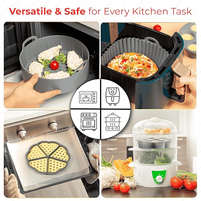 EM Set of 5 Silicone Air Fryer Liners with Egg Bite Mold, Waffle Mold & Mitts - 8.7” Round Reusable Silicone Inserts for 5-7 Qt Airfryers - Easy to Clean & Heat-Resistant Air Fryer Accessories Set