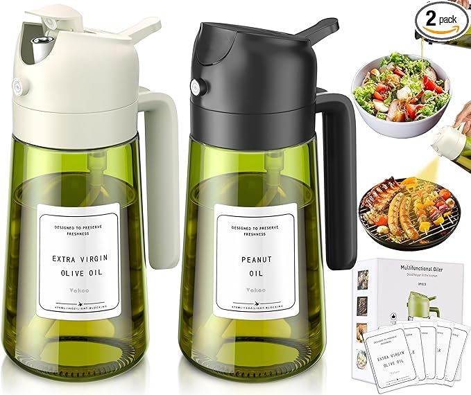 Vakoo 2 in 1 Oil Sprayer and Oil Dispenser for Kitchen - 16oz/470ml Light-Blocking Dark Glass Olive Oil Spray Bottle for Cooking, Air Fryer, Salad & BBQ (Black and White)