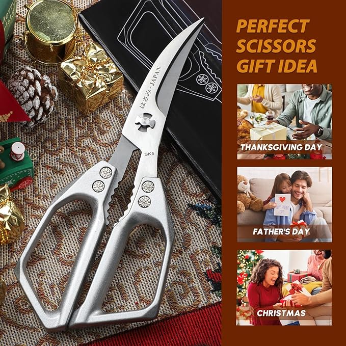 Huusk Seafood Scissors Silver - Stainless Steel Kitchen Shears Dishwasher Safe, Sharp Japanese-Style Kitchen Scissor for Crab, Shrimp, Lobster, Herbs and Food Prep, Christmas Gifts for Men Women