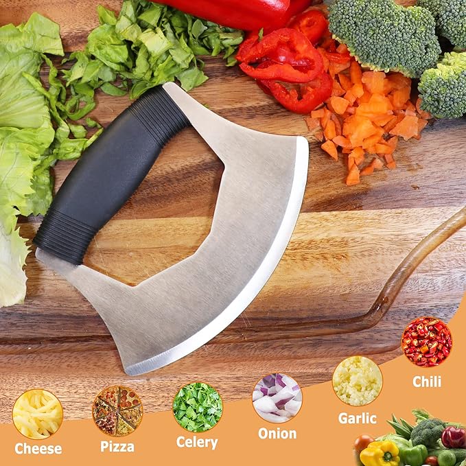 XoYoZo Salad Chopper Mezzaluna Knife with Protective Cover and Anti-Slip Handle - Stainless Steel Vegetable Cutter, Onion Chopper, Pizza Cutter
