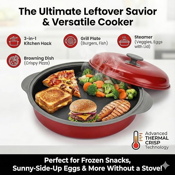 MACONEE Microwave Frying Pan Skillet, Grill & Crisper Pan with Lid Allows You to Fry, Sizzle, and Brown Foods in the Microwave, Micro Cookware for Grilling, Reheating, and Cooking a Variety of Dishes