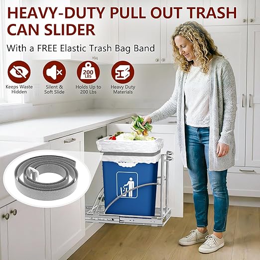 ANASTA Under Sink Trash Can Pull Out Trash Hidden for 30-50 Qt 7-13 Gallon Garbage Can Under 13" Wx19 Dx17 H Cabinet, Silver Pull Out Kit with Full Extension Slide for Kitchen and Bathroom, Not Bin