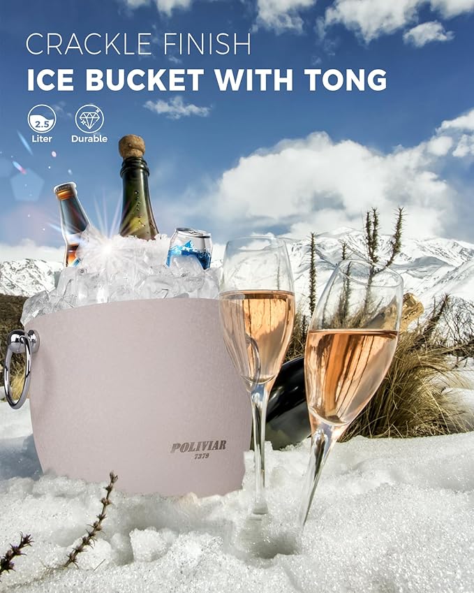 POLIVIAR Ice Bucket, 2.5L Double Wall Ice Bucket with Lid, Stainless Steel Ice Bucket with Tong & Strainer, Ice Bucket for Cocktail Bar, Home & Parties, JX2023-IBLM
