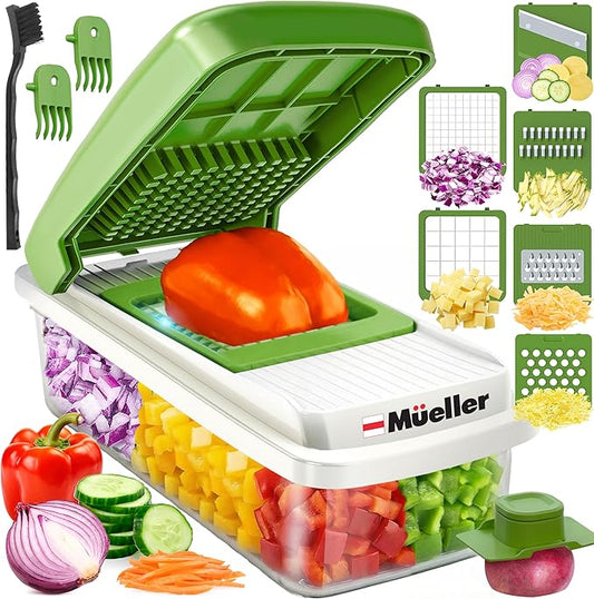 Mueller Vegetable Chopper, Mandoline Slicer, Food Veggie Chopper, Cheese Grater, Onion Vegetable Cutter with Container, Dicer, Kitchen Gadgets & Essentials, White Sand/Green