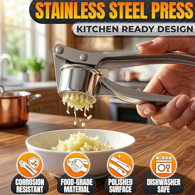Metal Garlic Press - Ginger Mincer with 37 Built-In Studs for Maximum Extraction, Garlic Crusher for Ginger and Soft Nuts, Rust-Resistant, Ergonomic Handle, No Peel Needed, Dishwasher Safe, Silver