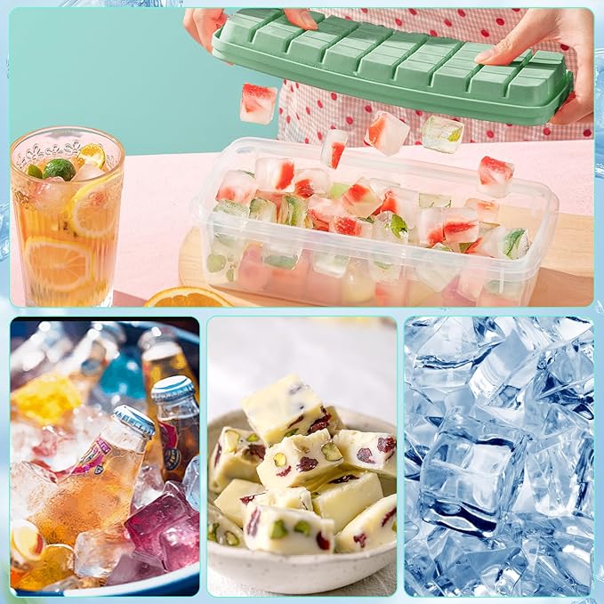 2 Pcs Easy Release Ice Cube Trays, Bamboo Green Flexible Silicone Ice Cube Molds Removable Lid Stackable for Whiskey, Beverages, Baby Food (15 cubes 0.7oz)