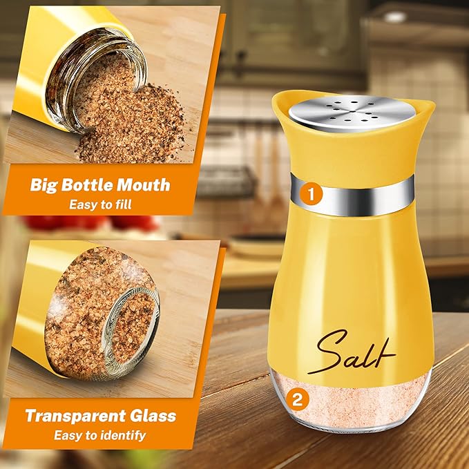 Salt and Pepper Shakers Set,4 oz Glass Bottom Salt Pepper Shaker with Stainless Steel Lid for Kitchen Cooking Table, RV, Camp,BBQ Refillable Design (Yellow)