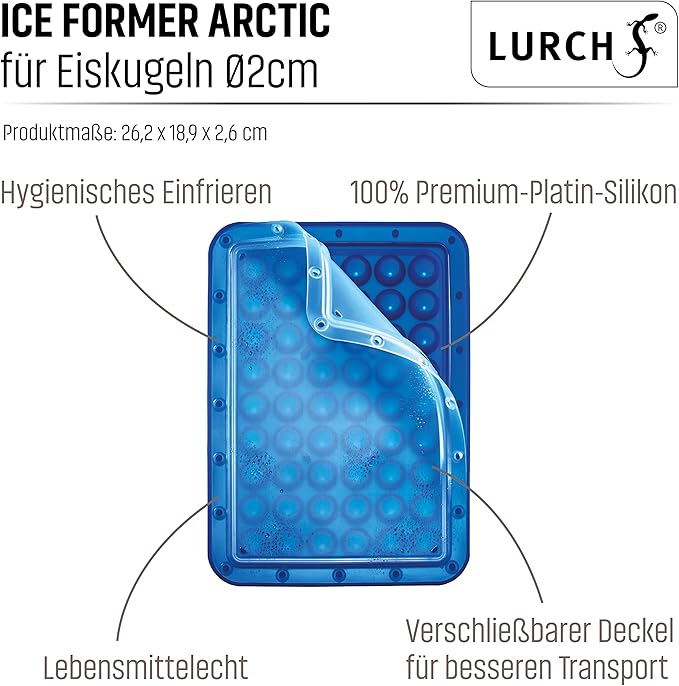 Lurch 240770 Ice Former Arctic Ball Diameter 2 cm Blue Ice Cube Tray for 54 Ice Cubes with Transparent Lid Blue