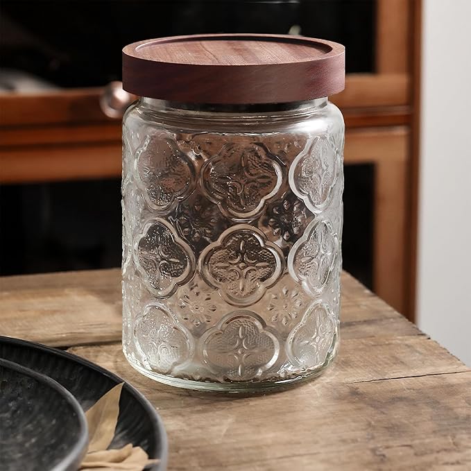 Custde Glass Storage Jars With Airtight Lid, 23.7oz Container For Kitchen Counter with Wooden Lid, brown sugar, candy, coffee, cookie, salt, tea, cute Jar (Begonia Flowers*1)