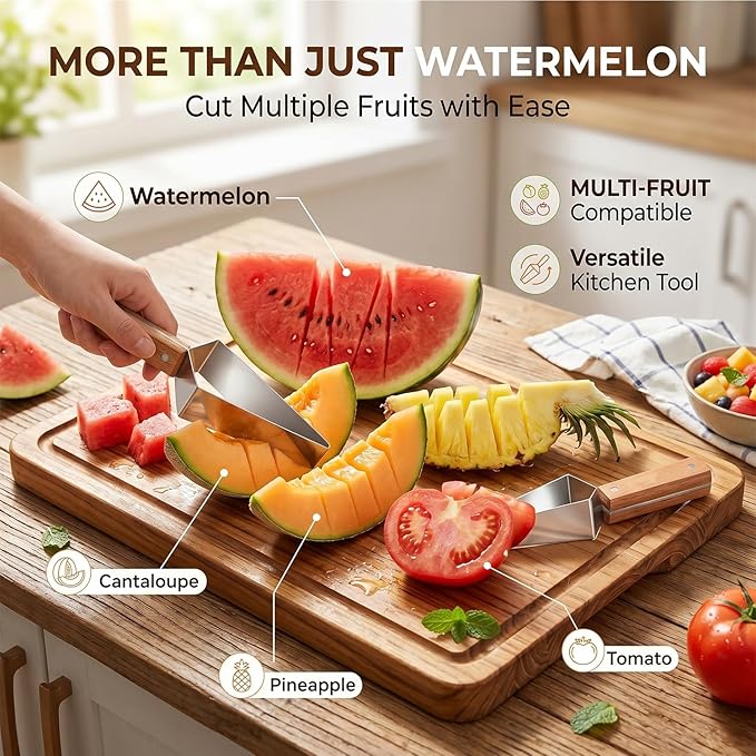 Triangle Watermelon Cutter Large Stainless Steel Melon Slicer Tool Ergonomic Wooden Handle Multifunction Function Summer Divider Wheel Handheld Cutting Fruit Kitchen Gadget Camping Picnic(3pcs)