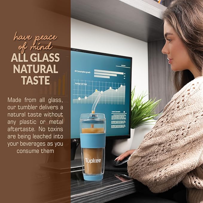 Tupkee Double Wall Glass Tumbler Straw Lid - For Hand Blown Glass Travel Mug, 14-Ounce & 8-Ounce, Niagara