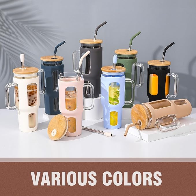 WINSA Glass Tumbler with Lid and Straw, 46 oz Iced Coffee Cup with Handle, Large Water Bottles with Silicone Sleeve, Glass Cup with Straws - Pearl Straw & Drinking Straw BPA Free-Amber