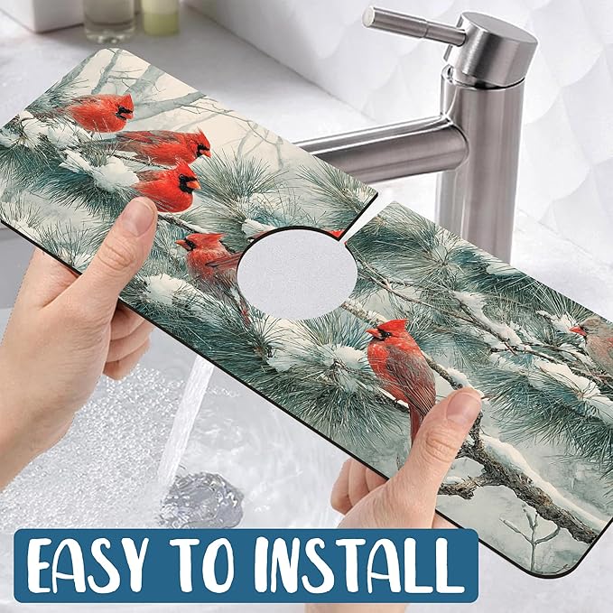 Winter Sink Faucet Absorbing Mat Cardinal Christmas Super Absorbent Fast Drying Mat Sink Gadgets Behind Faucet Sinkmat for Kitchen Bathroom, 15.5"x5.5"