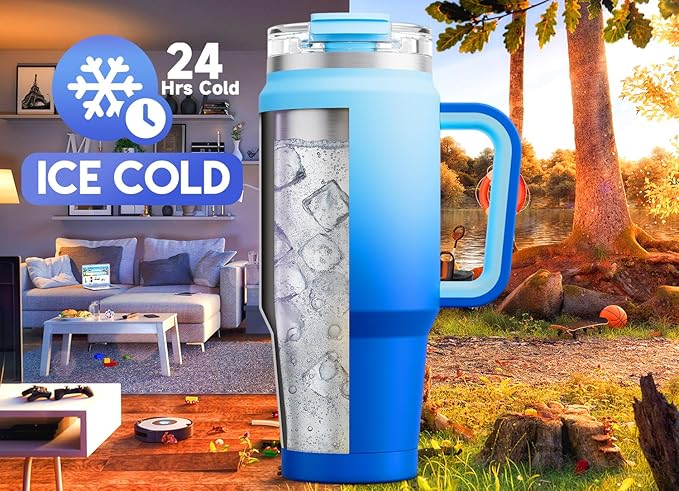 Meoky 32 oz Tumbler with Handle, Insulated Tumbler with Lid and Straw, Stainless Steel Travel Mug, Keeps Cold for 24 Hours, 100% Leak Proof, Fits in Car Cup Holder (Sky)