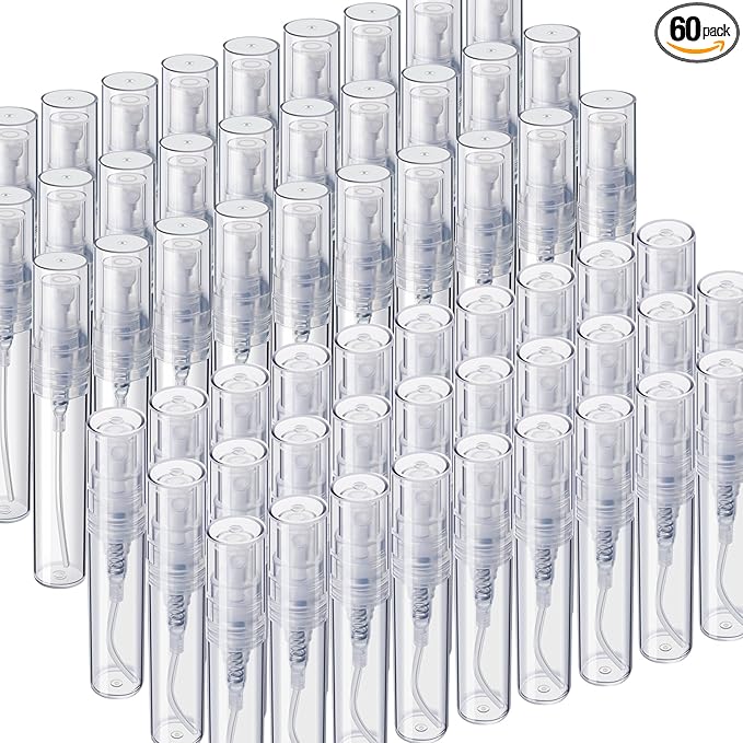 Fandamei 60PCS Mini Spray Bottle, 30PCS 3ml Mini Clear Plastic Spray Bottle Empty with 30PCS 5ml Fine Mist Refillable Mini Perfume Bottle. Small Empty Sample Containers Bottle.