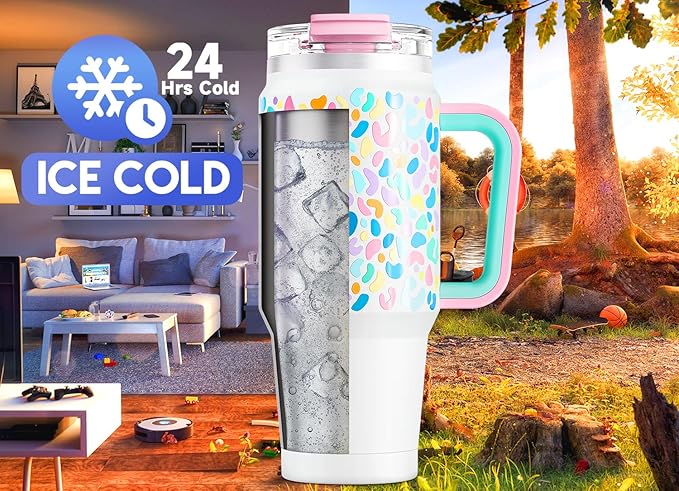 Meoky 32 oz Tumbler with Handle, Insulated Tumbler with Lid and Straw, Stainless Steel Travel Mug, Keeps Cold for 24 Hours, 100% Leak Proof, Fits in Car Cup Holder (Leopard)
