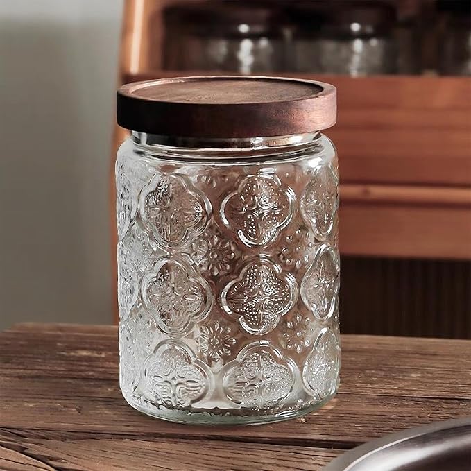 Custde Glass Storage Jars With Airtight Lid, 23.7oz Container For Kitchen Counter with Wooden Lid, brown sugar, candy, coffee, cookie, salt, tea, cute Jar (Begonia Flowers*2)