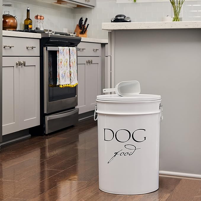 Harry Barker Classic White Dog Food Storage Canister – Small, Airtight Stainless Steel Pet Food Container, Holds Up to 10 lbs Dry Dog Food, Kitchen Counter & Pantry Storage - White