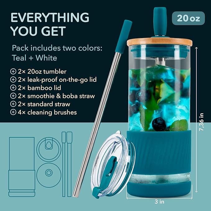 Pandaloo® Glass Cups With Lids and Straws -20 Fl Oz- Perfect Size Iced Coffee Cup - Smoothie Cup With Bamboo Lid and On the go Lid - Glass Tumbler (2 Count (Pack of 1), Coton White-Intense Teal)
