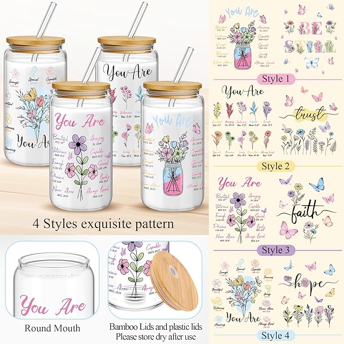 Mumufy 4 Pack Christian Inspiration Flower Glass Cup with Bamboo Lid and Straw Tumbler Iced Coffee Mugs 16 oz Glass, Mothers Day Birthday Women Religious Gift for Mom Sister Bridesmaid Baby Shower