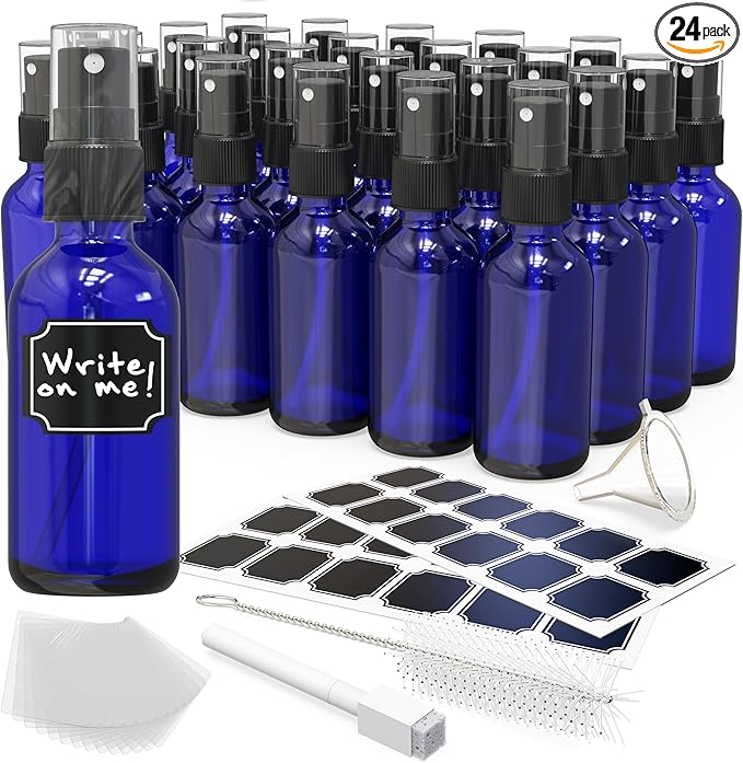 Nevlers Cobalt Blue Small Spray Bottle 2 Oz 24 Pack | Fine Mist Sprayer Set w/Shrink Wrap, Funnel, Brush, Marker & Labels | Fine Mister Spray Bottle for Perfume, Oil & More | Travel Spritzer Bottles