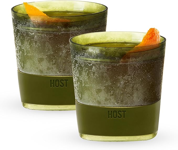 Host Whiskey Freeze Glasses, Double Old Fashioned Glasses, Chill Without Dilution for Bourbon, Vodka, Cold Brew Cocktails, Bourbon Gifts for Men, Home Bar, 9 oz, Set of 2, Olive Green