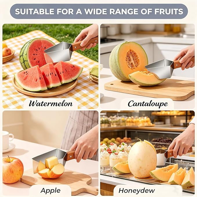 Watermelon Cutter Slicer Tool, Watermelon Slicer Stainless Steel with Wooden Handle for A Wide Variety Watermelon, Cantaloupe, Honeydew, Apples, and More (3Pcs)