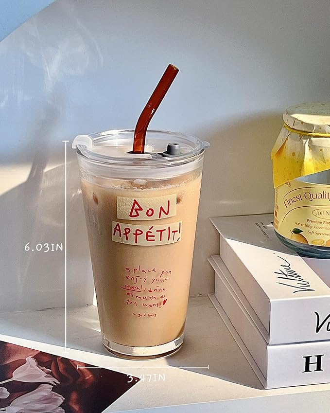 Olvini 15oz Glass Tumbler with Straw and Lid, Cute Iced Coffee Cups, Aesthetic Glass Cups, Coffee Tumbler, Water Cup, Matcha Cup, Drinking Glasses (Bon Appétit)
