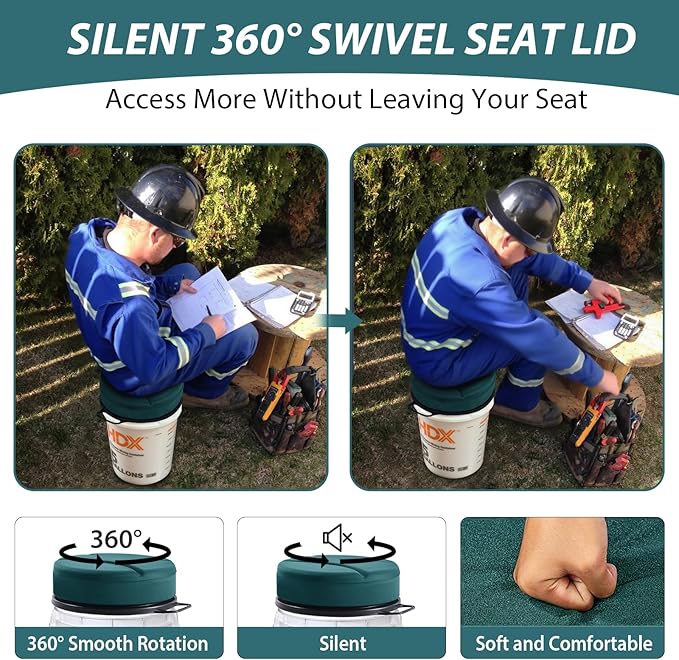 5 Gallon Bucket Seat with 3" Thick Seat Foam Cushion, 360°Swivel Bucket Lid Seat, Waterproof & Silent Bucket Seats for Ice Fishing, Baseball, Hunting and Camping