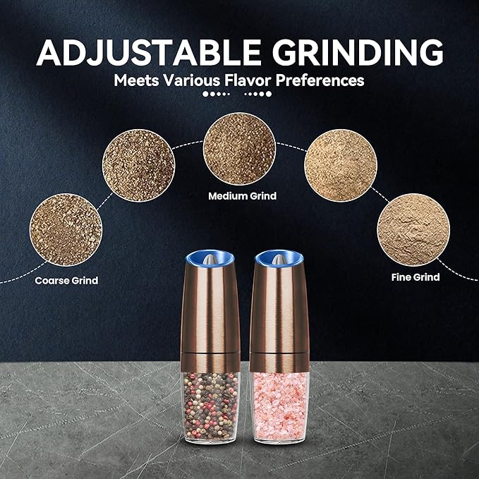 UNNEES Rechargeable Electric Salt and Pepper Grinder set of 2, gravity electric salt and pepper grinder set, Adjustable Roughness, LED Light, 2 Pack, (Copper)