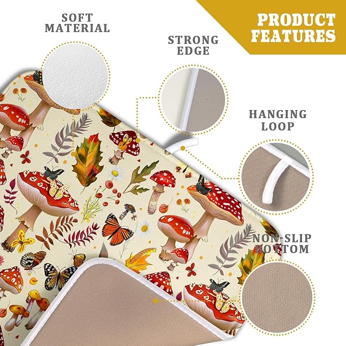 Forest Mushroom Dish Drying Mats Wild Plant Butterfly Kitchen Sink Rack Mats 16 X 18 Inch